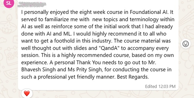 Student testimonial on the AI/ML training